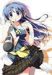  blue_eyes blue_hair bow casual character_request chestnut_mouth frilled_skirt frills headphones highres holding long_hair manga_time_kirara microphone nagumo_(nagumon) postcard simple_background skirt solo white_background 