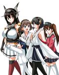  4girls :d azumanga_daiou black_eyes black_hair black_legwear blush bow breasts brown_hair chestnut_mouth detached_sleeves elbow_gloves fingerless_gloves glasses gloves hat headgear height_difference hiei_(kantai_collection) highres japanese_clothes kantai_collection kariginu kirishima_(kantai_collection) large_breasts little_boy_admiral_(kantai_collection) long_hair military military_uniform miniskirt multiple_girls nagato_(kantai_collection) naval_uniform navel nontraditional_miko open_mouth pantyhose parody peaked_cap pleated_skirt reaching red_eyes rimless_eyewear ryuujou_(kantai_collection) short_hair simple_background skirt smile thighhighs twintails uniform visor_cap walking white_background white_gloves yamato_nadeshiko zettai_ryouiki 