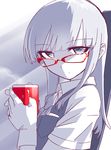 bespectacled blew_andwhite blue_eyes blue_hair cup expressionless glasses gloves hatsukaze_(kantai_collection) holding kantai_collection long_hair looking_at_viewer school_uniform solo spot_color sunlight teacup two-tone_background vest white_gloves 