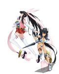  absurdly_long_hair black_hair boots breasts cleavage detached_sleeves fingerless_gloves from_side full_body gloves highres horns large_breasts long_hair momo_kyun_sword momoko_(momokyun) multiple_girls official_art onihime_(momokyun) ponytail profile ribbon-trimmed_legwear ribbon-trimmed_sleeves ribbon_trim spiked_armlet sword thighhighs transparent_background very_long_hair weapon 