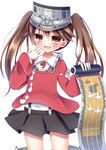  :d brown_eyes brown_hair esureki japanese_clothes kantai_collection kariginu magatama open_mouth pleated_skirt ryuujou_(kantai_collection) scroll shikigami skirt smile solo twintails visor_cap 