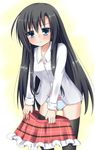  :&lt; black_hair black_legwear blue_eyes blush esureki frilled_skirt frills holding long_hair original panties skirt solo thighhighs underwear 