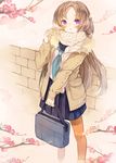  :&lt; bad_id bad_pixiv_id bag brown_hair cherry_blossoms cloak enpera highres koyuiko long_hair looking_at_viewer original pantyhose pleated_skirt purple_eyes scarf school_bag school_uniform serafuku skirt solo 