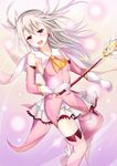 :d bad_id bad_pixiv_id boots elbow_gloves fate/kaleid_liner_prisma_illya fate_(series) feathers gloves hair_feathers holding holding_wand illyasviel_von_einzbern kaleidostick konka long_hair magical_girl magical_ruby open_mouth pink_footwear prisma_illya red_eyes smile solo thighhighs v-shaped_eyebrows wand white_hair 