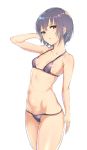  1girl arm_behind_head arm_up bangs bare_shoulders bikini blush breasts collarbone grey_bikini grey_eyes grey_hair highres hips hometa iridescent looking_at_viewer navel original parted_lips shiny shiny_hair short_hair simple_background small_breasts solo swimsuit thighs white_background 