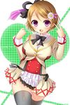  :d blush bow bowtie breasts brown_hair earrings flower hair_flower hair_ornament hair_ribbon heart heart_background highres jewelry koizumi_hanayo large_breasts looking_at_viewer love_live! love_live!_school_idol_project open_mouth purple_eyes ribbon smile sore_wa_bokutachi_no_kiseki thighhighs uniform v yomogi_(becr) zettai_ryouiki 