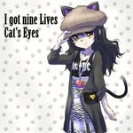  acdc animal_ears bag black_hair blake_belladonna cat_ears cat_tail handbag hat highres iesupa long_hair lyrics makeup paw_print roosterteeth rwby smile solo tail torn_clothes yellow_eyes 