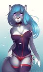  antiander bell blue_hair breasts cat chest_tuft claws clothed clothing collar corset feline female fur grey_fur hair hi_res legwear long_hair looking_at_viewer mammal panties pink_nose purple_eyes skimpy smile solo standing stockings tuft underwear white_fur 
