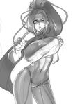  bouncing_breasts breasts crop_top dungeon_and_fighter eu03 fighter_(dungeon_and_fighter) fighting_stance gloves greyscale high_ponytail huge_breasts long_hair midriff monochrome navel one_eye_closed sketch solo sweat taut_clothes very_long_hair 