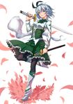  absurdres blue_eyes bow dual_wielding embellished_costume flower full_body hair_bow highres holding konpaku_youmu konpaku_youmu_(ghost) pantyhose petals pg_(pgouwoderen) short_hair solo standing standing_on_one_leg sword touhou weapon white_hair 