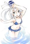  :o bikini bikini_skirt blue_bikini blue_eyes hat lace lace-trimmed_bikini makuwauri mononobe_no_futo navel open_mouth shading_eyes silver_hair sketch solo swimsuit tate_eboshi touhou wading water 