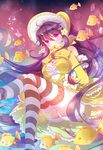  ahoge bad_id bad_pixiv_id black_hair breasts cleavage elbow_gloves fish flower gloves hair_flower hair_ornament hands_clasped headwear highres koyuiko long_hair looking_at_viewer medium_breasts mo_qingxian own_hands_together panties pantyshot parted_lips purple_eyes solo striped striped_legwear thighhighs underwear vocaloid vocanese yellow_gloves 
