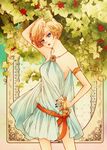  armband art_deco bishoujo_senshi_sailor_moon blonde_hair blue_eyes breasts dagger dress earrings hand_on_head hand_on_hip highres jewelry medium_breasts nail_polish sailor_uranus short_hair sideboob sizh solo space_sword ten'ou_haruka very_short_hair weapon 