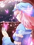  arm_garter bug butterfly cherry_blossoms commentary full_moon glowing hat highres hitodama insect japanese_clothes kimono mob_cap moon night open_hand open_mouth outdoors pink_eyes pink_hair profile saigyouji_yuyuko short_hair solo touhou tree tree_branch triangular_headpiece ucukrtz 