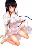  absurdres barefoot black_hair bottomless breasts covered_nipples highres large_breasts long_hair naked_shirt nipples no_bra scan see-through shibayuki shirt solo t-shirt wet wet_clothes wet_shirt wet_t-shirt white_background yellow_eyes 