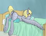  anus back_turned bedroom blonde_hair blush clitoral_winking clitoris cutie_mark derpy_hooves_(mlp) equine feathers female feral friendship_is_magic fur grey_fur hair hi_res hooves horse inside looking_at_viewer looking_back lying mammal my_little_pony on_bed pegasus pony presenting pussy raised_tail underhoof wings yellow_eyes 
