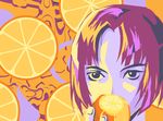  androgynous black_hair bob_cut bruno_buccellati food fruit jojo_no_kimyou_na_bouken limited_palette male_focus orange orange_slice purple_hair shicewlysml solo 