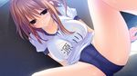  1girl blush breasts brown_hair buruma cameltoe embarrassed game_cg gym_uniform highres koi_mo_h_mo_obenkyou_mo_omakase!_oneechan-bu kumatora_tatsumi large_breasts legs purple_eyes short_hair sitting spread_legs sweatdrop thighs 