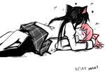  akemi_homura animal_ears black_hair black_legwear blush cat_ears cheek_kiss closed_eyes girl_on_top hair_ribbon heart hug kaname_madoka kemonomimi_mode kiss long_hair lying mahou_shoujo_madoka_magica multiple_girls on_back pantyhose pink_hair purring ribbon school_uniform short_hair short_twintails silverxp skirt smile spot_color translated twintails wavy_mouth white_background yuri 