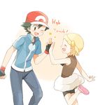  bike_shorts black_hair blonde_hair eureka_(pokemon) hat high_five mei_(maysroom) pokemon pokemon_(anime) satoshi_(pokemon) smile wink 