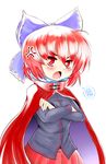  anger_vein angry blush bow cape commentary crossed_arms disembodied_head draw-till-death hair_bow highres long_sleeves looking_at_viewer open_mouth red_eyes red_hair sekibanki short_hair simple_background solo spoken_squiggle squiggle touhou white_background 
