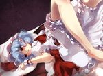  ascot bat_wings bloomers blue_hair crotchless_panties dress eyes_visible_through_hair frilled_dress frilled_skirt frills gengetsu_chihiro hat highres looking_to_the_side lying mob_cap on_back open_mouth panties pointy_ears puffy_short_sleeves puffy_sleeves red_eyes remilia_scarlet short_hair short_sleeves skirt solo touhou underwear upskirt wallpaper wings wrist_cuffs 