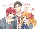  2boys :d announcement_celebration black_hair bow gekkan_shoujo_nozaki-kun hair_ribbon happy hazuki_(seiyougetsu) long_hair mikoshiba_mikoto multiple_boys necktie nozaki_umetarou open_mouth polka_dot polka_dot_bow red_hair ribbon rouman_academy_uniform sakura_chiyo school_uniform short_hair smile translated v 