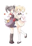  black_hair black_legwear blonde_hair bow dedenne detached_sleeves full_body furisode furisode_girl_(pokemon) furisode_girl_karen furisode_girl_kirika gen_6_pokemon holding_hands interlocked_fingers japanese_clothes kimono kneehighs long_hair looking_at_viewer mei_(maysroom) multiple_girls open_mouth pokemon pokemon_(creature) pokemon_(game) pokemon_xy red_eyes sandals smile swirlix twintails white_background white_legwear yellow_eyes 