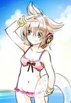  bikini bow bracelet breasts cleavage collarbone earmuffs groin innertube jewelry lace lace-trimmed_bikini light_brown_eyes light_brown_hair makuwauri navel pink_bikini pointy_hair sketch small_breasts swimsuit touhou toyosatomimi_no_miko water 