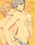  adam's_apple arched_back blonde_hair blue_eyes blush eye_contact groin hand_on_another's_chest heart hug hug_from_behind kise_ryouta kuroko_no_basuke kuroko_tetsuya looking_at_another male_focus mashima_shima multiple_boys navel nipples panties pout shirtless side-tie_panties simple_background smile straddling toned toned_male underwear underwear_only upright_straddle yaoi yellow yellow_background yellow_eyes 