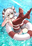  amatsukaze_(kantai_collection) black_panties blush choker dated feet food kantai_collection legs_up long_hair no_shoes panties partially_submerged popsicle red_legwear signature silver_hair solo striped striped_legwear sunlight thighhighs two_side_up underwear water yellow_eyes yomi_yasou 