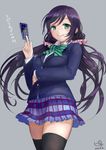  artist_name black_legwear blazer blush breast_hold breasts card duplicate green_eyes grey_background jacket long_hair looking_at_viewer love_live! love_live!_school_idol_project otonokizaka_school_uniform pisuke plaid plaid_skirt purple_hair school_uniform signature skirt smile solo tarot thighhighs toujou_nozomi twintails 