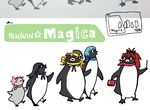  5girls akemi_homura beret bird black_hair blonde_hair blue_hair closed_eyes drill_hair food hair_ribbon hairband hat holding_hands kaname_madoka long_hair looking_at_another mahou_shoujo_madoka_magica miki_sayaka multiple_girls no_humans open_mouth penguin pingu_(series) pink_hair pocky ponytail red_hair ribbon sakura_kyouko short_twintails silverxp smile title_parody tomoe_mami twin_drills twintails walking 