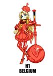  2014_fifa_world_cup :3 absurdres armor belgium blonde_hair blue_eyes crown daibajoujisan full_body hand_on_hip highres long_hair original oversized_object personification red_armor simple_background smug solo sword weapon white_background world_cup 