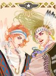  bad_id bad_pixiv_id blonde_hair earrings feathers gyro_zeppeli headband ichi_(fe1538) jewelry johnny_joestar jojo_no_kimyou_na_bouken long_hair multiple_boys native_american necklace red_hair steel_ball_run tegaki 