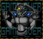  armor black_and_yellow_border border claws crystal_dynamics floating game_over glowing glowing_eyes hovering legless male monitor reploid reptile rez sarkyfancypants scalie solo 