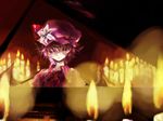  absurdres alpha.e ascot bat_wings blurry brooch candle candlelight depth_of_field dress expressionless facing_viewer fire flame flower grand_piano hat hat_flower hat_ribbon highres instrument jewelry looking_down messy_hair mob_cap music piano playing_instrument portrait purple_hair red_eyes remilia_scarlet ribbon solo touhou wings 