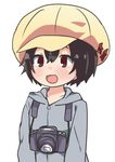  1girl :3 artist_request black_hair brown_eyes cabbie_hat camera denki-gai_no_hon&#039;ya-san denki-gai_no_hon'ya-san hat kameko_(denki-gai) lowres open_mouth short_hair simple_background solo star white_background 