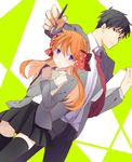  1girl black_hair black_legwear blazer bow bowtie brown_eyes creat gekkan_shoujo_nozaki-kun hair_ribbon height_difference jacket long_hair necktie nib_pen_(object) nozaki_umetarou orange_hair polka_dot polka_dot_bow purple_eyes ribbon rouman_academy_uniform sakura_chiyo school_uniform short_hair thighhighs zettai_ryouiki 