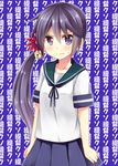  akane_souichi akebono_(kantai_collection) arms_at_sides bell black_eyes black_hair clenched_hands flower hair_bell hair_flower hair_ornament jingle_bell kantai_collection long_hair pleated_skirt school_uniform serafuku shitty_admiral_(phrase) side_ponytail skirt solo translated wavy_mouth 