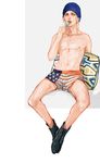  bad_id bad_pixiv_id blonde_hair boxers hat ichi_(fe1538) johnny_joestar jojo_no_kimyou_na_bouken male_focus male_underwear shirtless solo steel_ball_run tegaki toothbrush underwear 