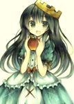  :d apple bad_id bad_pixiv_id black_eyes black_hair crown food fruit highres holding long_hair marchen open_mouth schneewittchen simple_background smile solo sound_horizon traditional_media wiriam07 