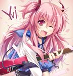  ;d angel_beats! bad_id bad_pixiv_id demon_tail electric_guitar fang guitar hirai_yuzuki instrument long_hair one_eye_closed open_mouth pink_hair red_eyes school_uniform serafuku shinda_sekai_sensen_uniform smile tail two_side_up yui_(angel_beats!) 