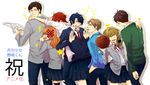  4boys announcement_celebration asakichi_(ajiko_ng) basketball blazer blonde_hair blue_hair bow brown_hair cardigan copyright_name gekkan_shoujo_nozaki-kun hair_bow hori_masayuki jacket kashima_yuu manga_(object) mikoshiba_mikoto miniskirt multiple_boys multiple_girls necktie nozaki_umetarou orange_hair pleated_skirt polka_dot polka_dot_bow red_hair rouman_academy_uniform sakura_chiyo school_uniform seo_yuzuki skirt wakamatsu_hirotaka 