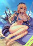  artist_name atago_(kantai_collection) atdan bare_legs barefoot bikini black_gloves blonde_hair blue_eyes breast_hold breasts feet gloves hat highres kantai_collection large_breasts legs long_hair long_legs micro_bikini military military_uniform smile solo swimsuit thighs toenail_polish toes torn_clothes uniform 