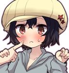  :&lt; :t artist_request black_hair blush brown_eyes cabbie_hat cheek_poking collarbone denki-gai_no_hon&#039;ya-san denki-gai_no_hon'ya-san hand_holding hat hood hoodie kameko_(denki-gai) lowres outline paw_pose poking short_hair simple_background solo star sweatdrop white_background 