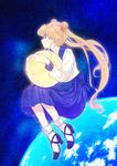  alternate_eye_color back_bow bangs bishoujo_senshi_sailor_moon black_footwear blonde_hair blue_sailor_collar blue_skirt bow double_bun earth floating full_body full_moon holding juuban_middle_school_uniform long_hair long_skirt long_sleeves moon pleated_skirt profile puffy_long_sleeves puffy_sleeves sailor_collar school_uniform serafuku shoes skirt socks solo space tsukino_usagi twintails very_long_hair wattaro white_legwear yellow_eyes 