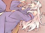  alternate_costume breasts cleavage doku_hebi dutch_angle food hairband idolmaster idolmaster_(classic) japanese_clothes long_hair looking_at_viewer medium_breasts open_mouth red_eyes shijou_takane silver_hair solo 