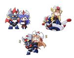  akou_roushi blonde_hair blue_hair brown_hair chibi gre-chan great_mazinger great_mazinger_(robot) grenda-san grendizer handheld_game_console long_hair mazinger_z mazinger_z_(mecha) mecha multiple_girls personification robot robot_girls_z smile ufo_robo_grendizer z-chan 