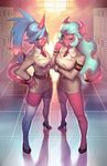  blue_hair demon_girl fang glasses green_eyes green_hair horn horns kneesocks_(psg) long_hair looking_at_viewer lost-tyrant multiple_girls panty_&amp;_stocking_with_garterbelt ponytail red_skin scanty_(psg) sharp_teeth siblings sisters tail teeth thighhighs 